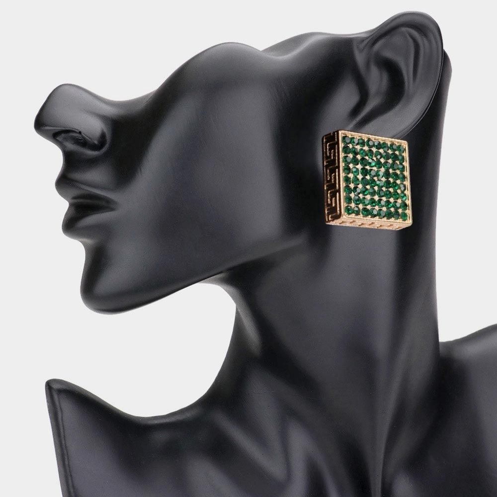 Emerald Green Gold Greek Key Patterned Rhinestone Crystal Square Stud Earrings